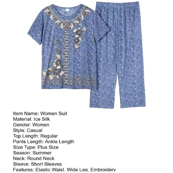 Mittleren alters Frauen Pyjamas Set O Neck Stickerei Kurzarm Plus Größe Elastische Taille