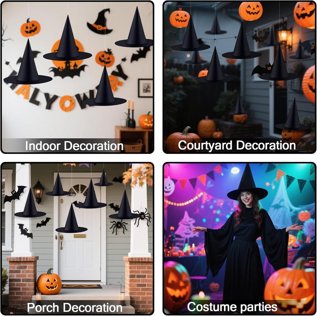 6pcs Halloween Witch Hats Hanging Black Wizard Hats Suitable for Homes Gardens Porches Themed Holiday Party Hats