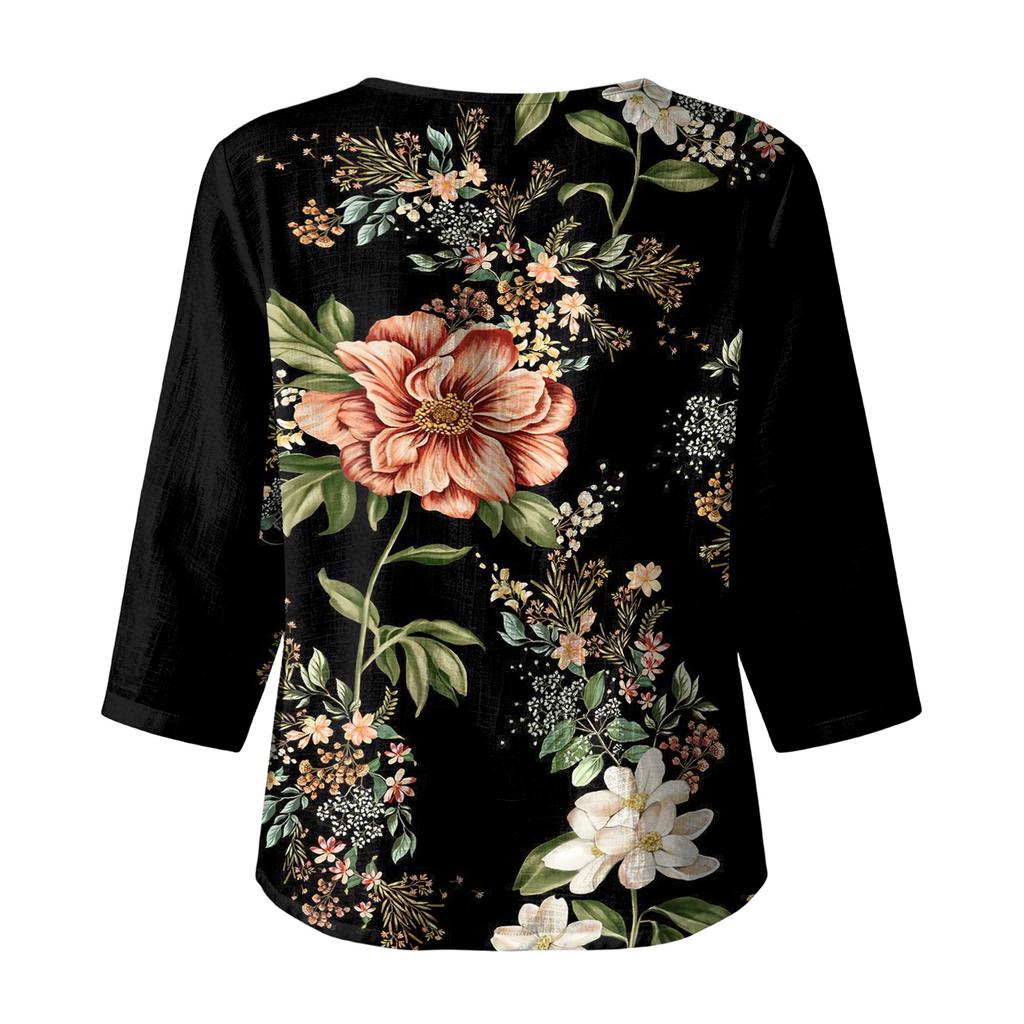 Damen Freizeitbluse mit Blumenprint, Rundhalsausschnitt, Dreiviertelärmel, Leinen-Baumwollmischung, Leicht, Bequem, Lockerer Schnitt, Oberteil für den Alltag