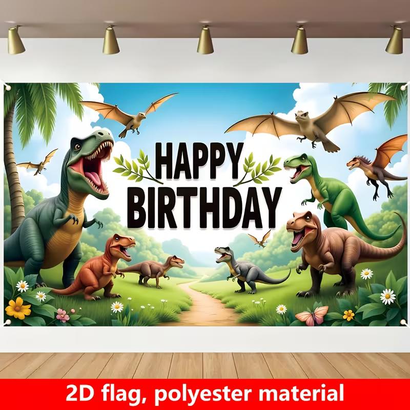 Kids Jungle Dinosaur Birthday Backdrop, T-Rex & Pterodactyl Happy Birthday Background Banner for Boys Room Party