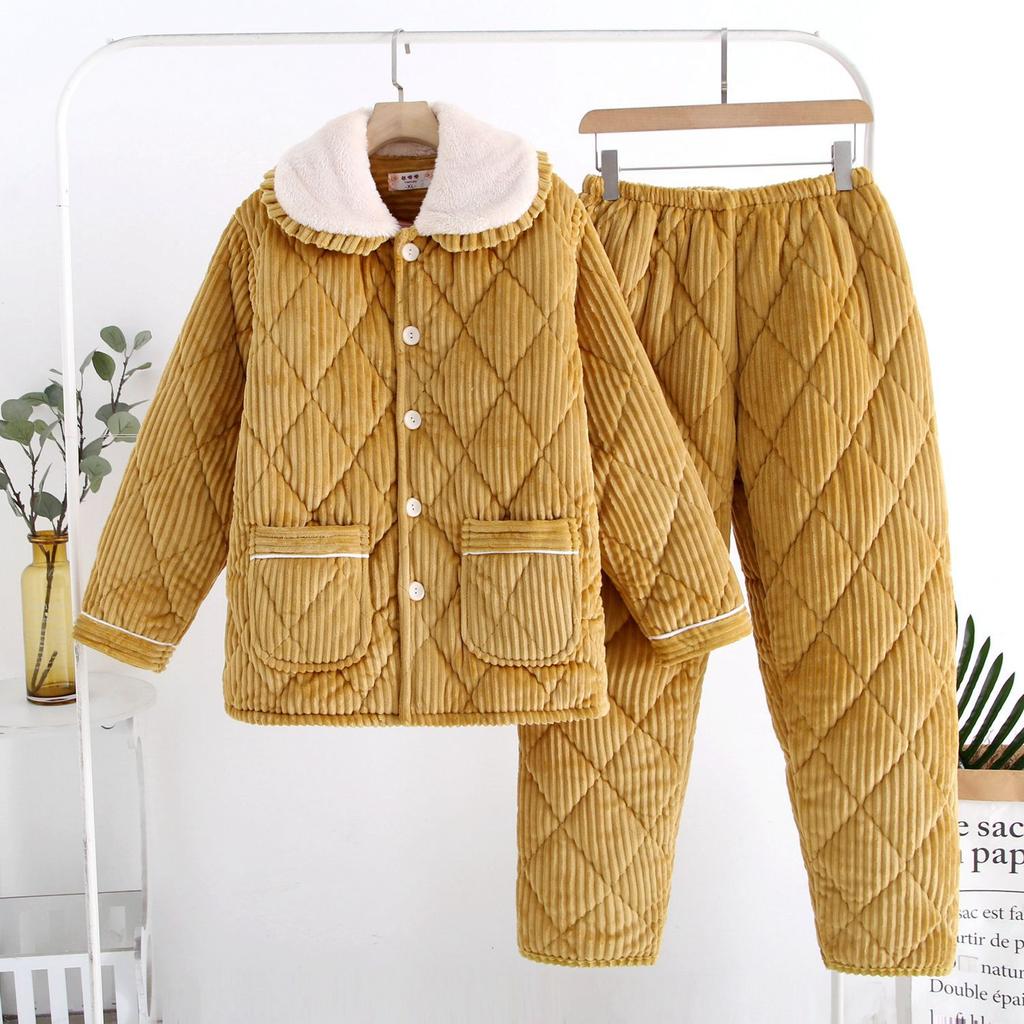 Coral Velvet Three-layer Quilted Jacket Pajamas Women's Autumn and Winter Thickened with Velvet Warm Winter Flannel Home Wear
