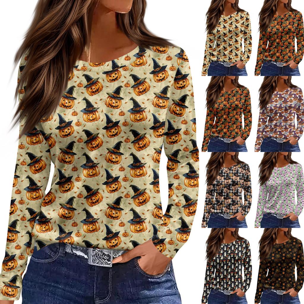 Women's Fashion Hem Slit Casual Halloween Printed Round Neck Long Sleeve Top
