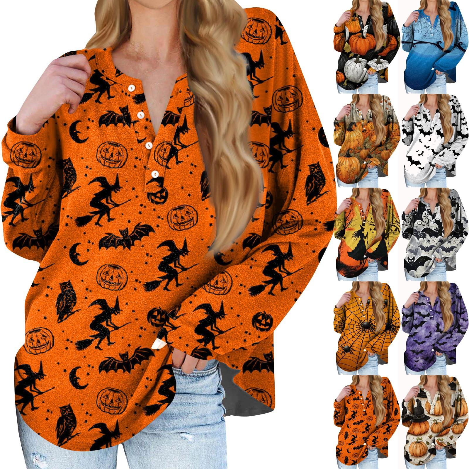 

Женская новая модная футболка с длинными рукавами и воротником на пуговицах на Хэллоуин, тонкий топ, повседневные топы