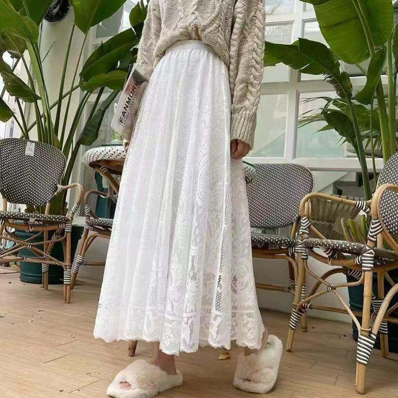 Plus Size Women's Lace Skirt Women's Niche Autumn Mid-length Skirt Big Swing Net Yarn Strands Empty Fairy Pleated