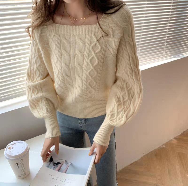 Korean Style Loose Square Neck Sweater - Women's Thick Cable Knit Waist-Slimming Top for Autumn/Winter