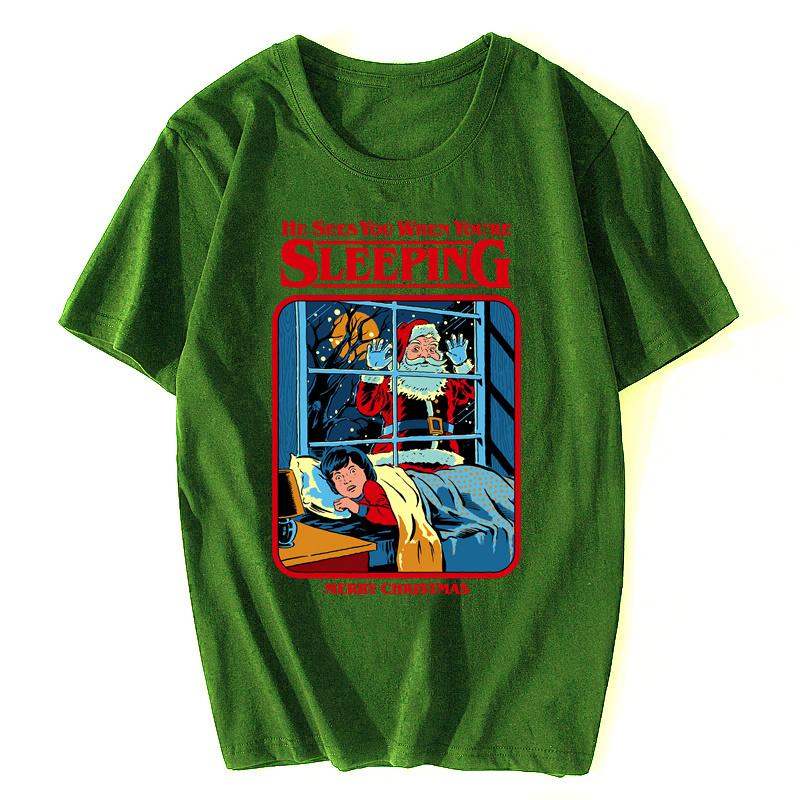 Man T-shirts He Sees You When You're Sleeping Tshirt Mens T Shirts Merry Christmas Claus Designer Tops & Tees Harajuku
