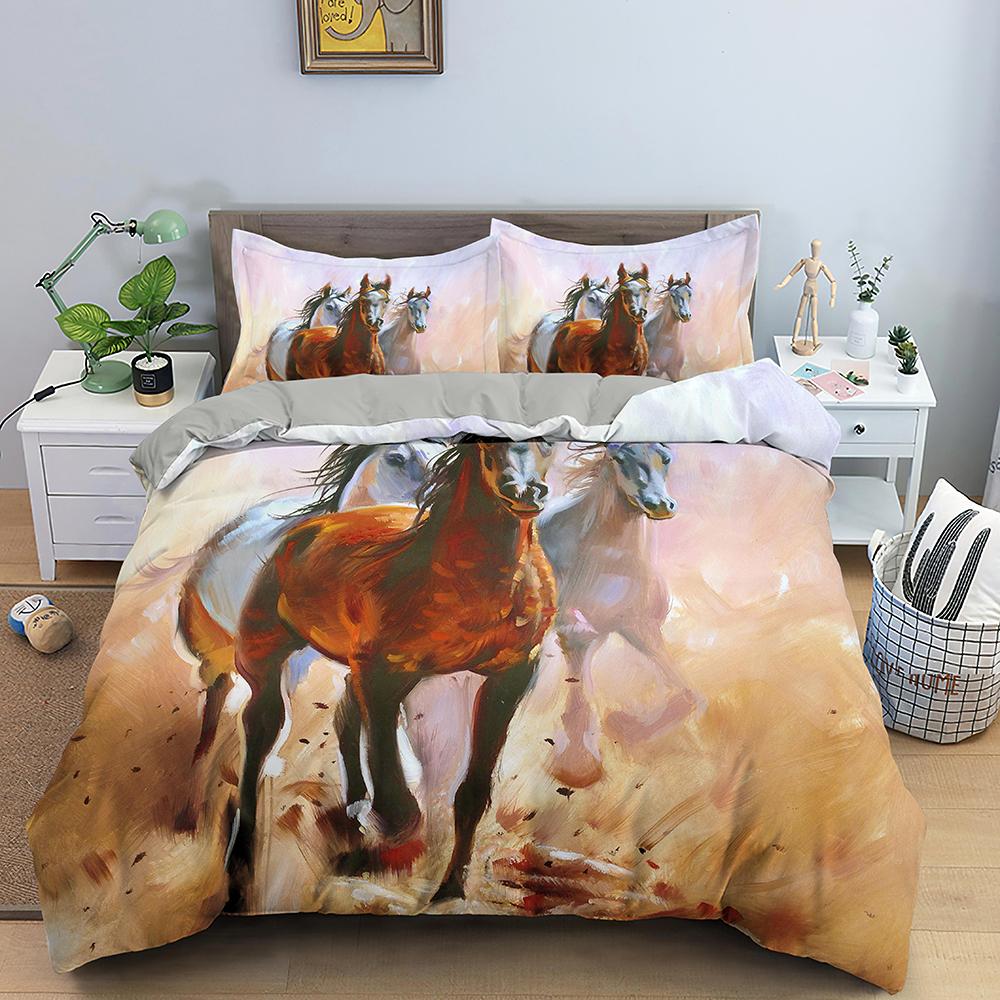 3D Horse Duvet Cover King Queen Size Black White Thoroughbreds Bedding Set For Teens Adults Animal 2/3pcs Polyester Quilt Cover