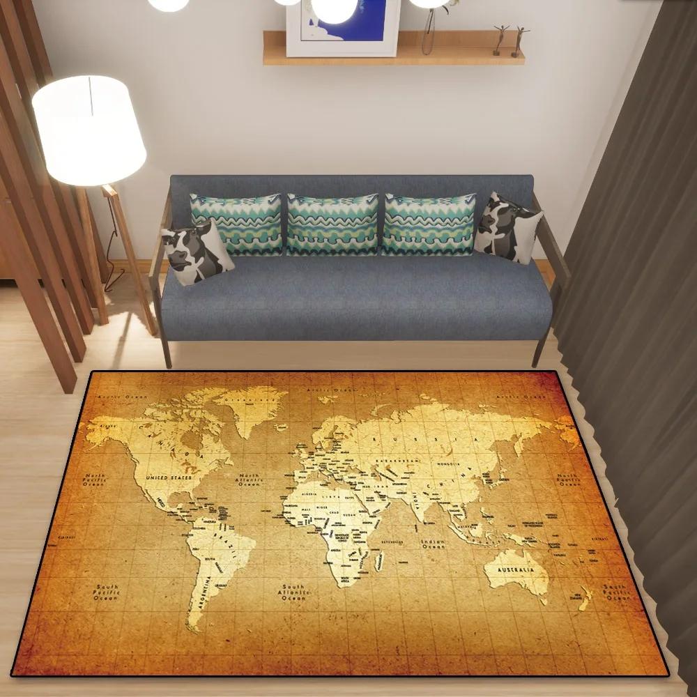 World Map Rug European and American Retro Dirty Resistant Easy Cleaning Flannel Carpet Living Room Bedroom Mat Home Decor New