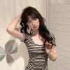 Spice Girl Striped Button U-Neck Shoulder Short Sleeve T-Shirt Women's Summer New Slim Skinny Versatile Top