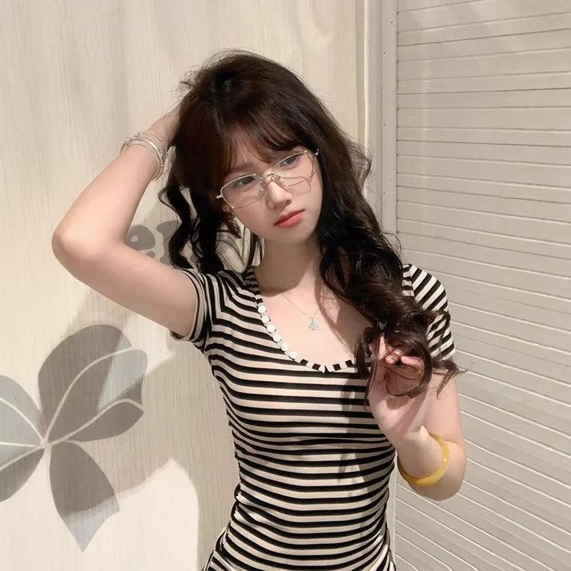 Spice Girl Striped Button U-Neck Shoulder Short Sleeve T-Shirt Women's Summer New Slim Skinny Versatile Top