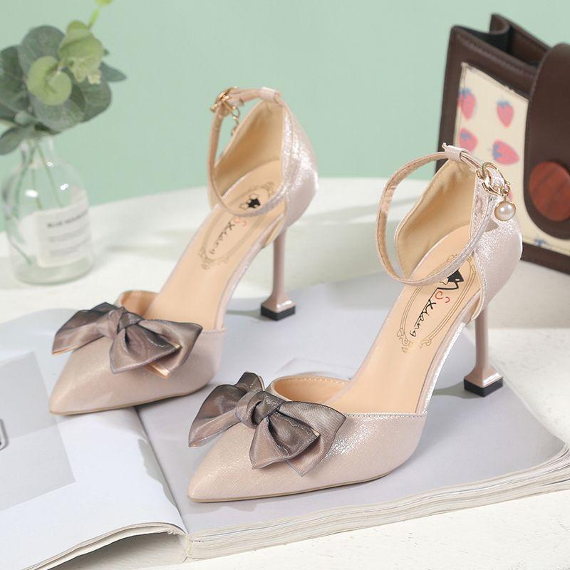 Pointed Toe Women's Sandals for Party and Weddings Bow Stiletto Red Ladies Shoes Asian Size The Best Footwear Korea Original Pvc