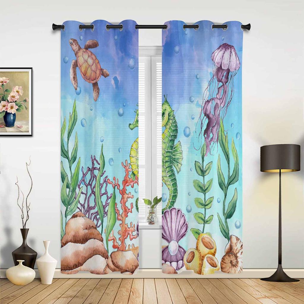 Ocean Jellyfish Seahorse Coral Watercolor Window Curtains for Living Room Bedroom Curtain Modern Kitchen Blinds Drapes Curtains