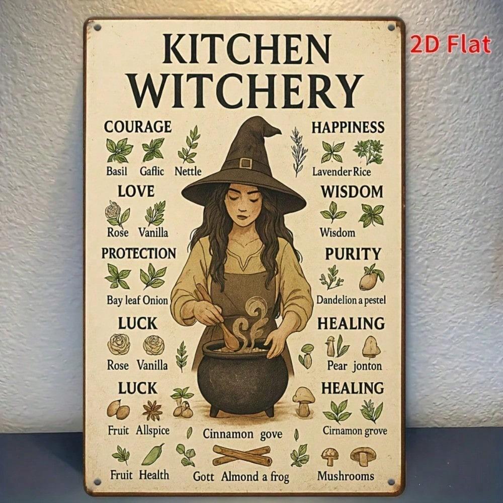 Vintage Easter Witch Metal Plaque 8x12, Rustic Kitchen Witchery Sign, Herbalism Symbols, 2D Flat Wall Decor
