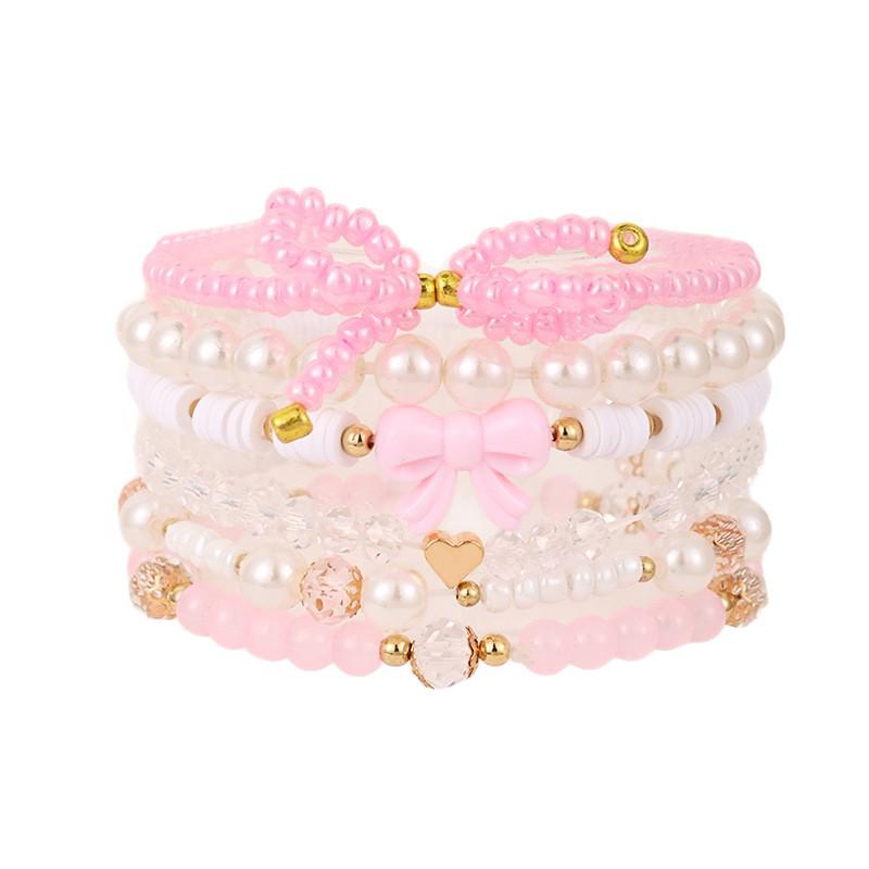 Süßes Rosa Herz Schleife Perlen Armband Set für Damen