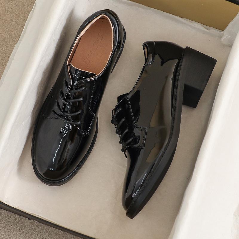 Women's Black British-Style Genuine Leather High Heels - Soft Sole, 2025 Autumn Collection