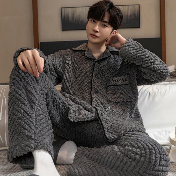 Pyjama en molleton de corail pour homme, ensemble de vêtements de nuit chauds en flanelle épaisse, surdimensionné, fermeture éclair, doux, mode, solide, pour la maison, automne et hiver