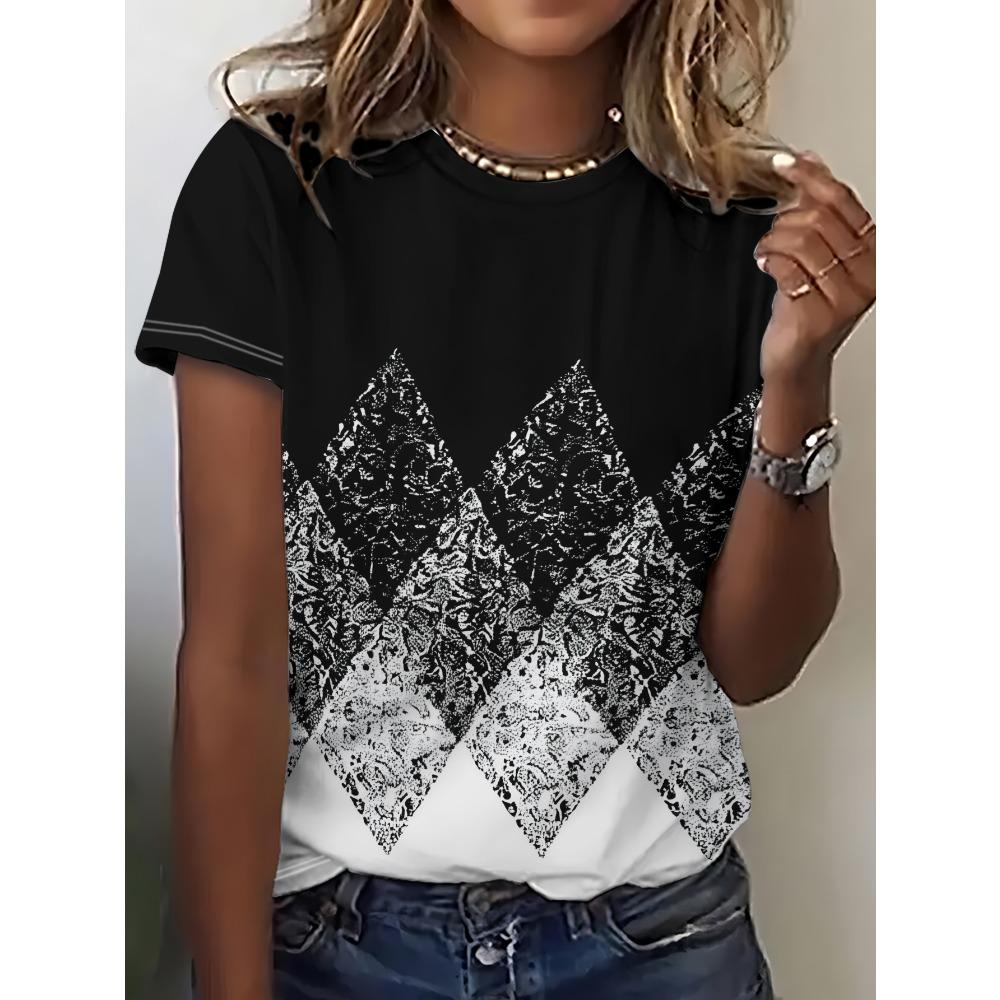 

Women s Short-sleeve T-shirt, Black with White Diamond Pattern, Simple and Stylish Design S