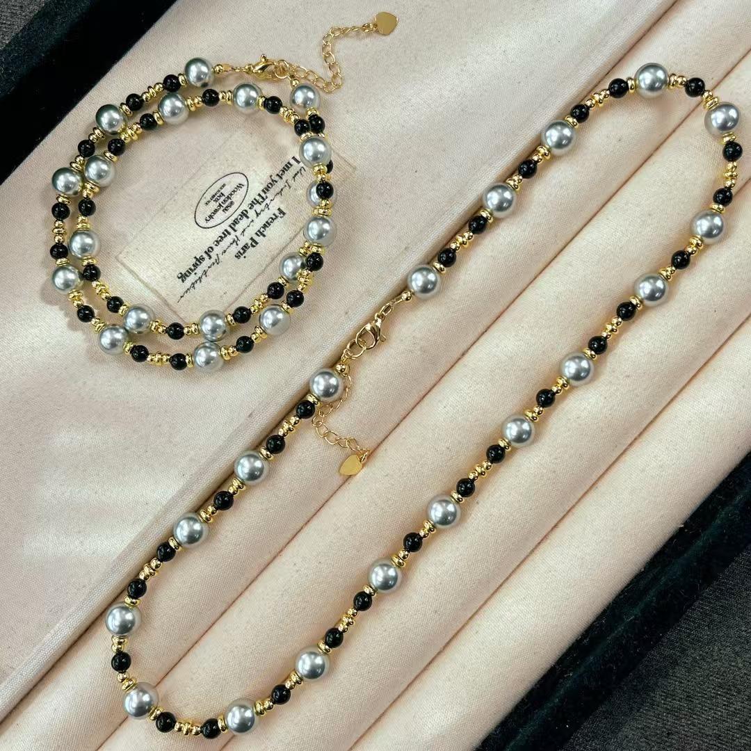 Винтажное натуральное черное агатовое ожерелье с искусственным жемчугом высокого качества, цепочка на ключицу