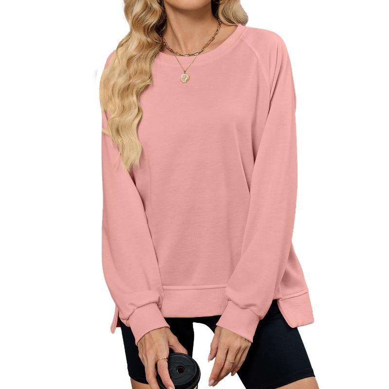 Damen Herbst und Winter Neu Einfarbig Gerippt Rundhals Langarm Lockeres Sweatshirt Top
