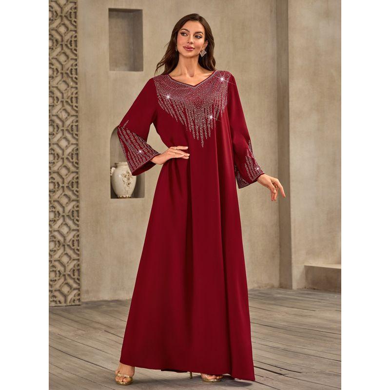 Middle East Women's Clothing Fashion Rhinestone V-neck Casual Loose Dubai Arab Robe New Arrival Plus Size Dress Dress
