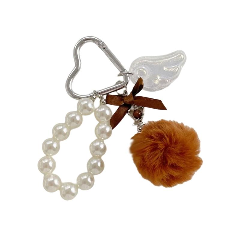 Elegant Pearls Pompoms Wing Keychain Winter Stylish Bag Charm Phone Ornament Fashion Accessory Gift For Her