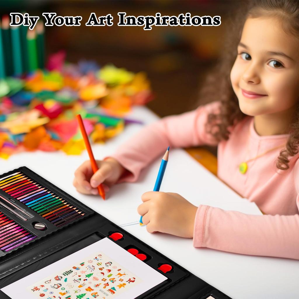 KINSPORY 290-Piece Kids Art Set with Dual-Sided Easel, Colored Pencils/Markers/Crayons/Watercolors, W150, Black