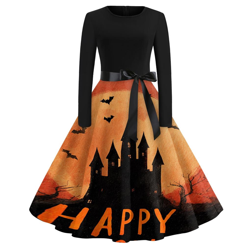 Women's Vintage Halloween Print Dress - Round Neck Casual Fit Dress with Fun Pumpkin Patterns - Perfect for Party