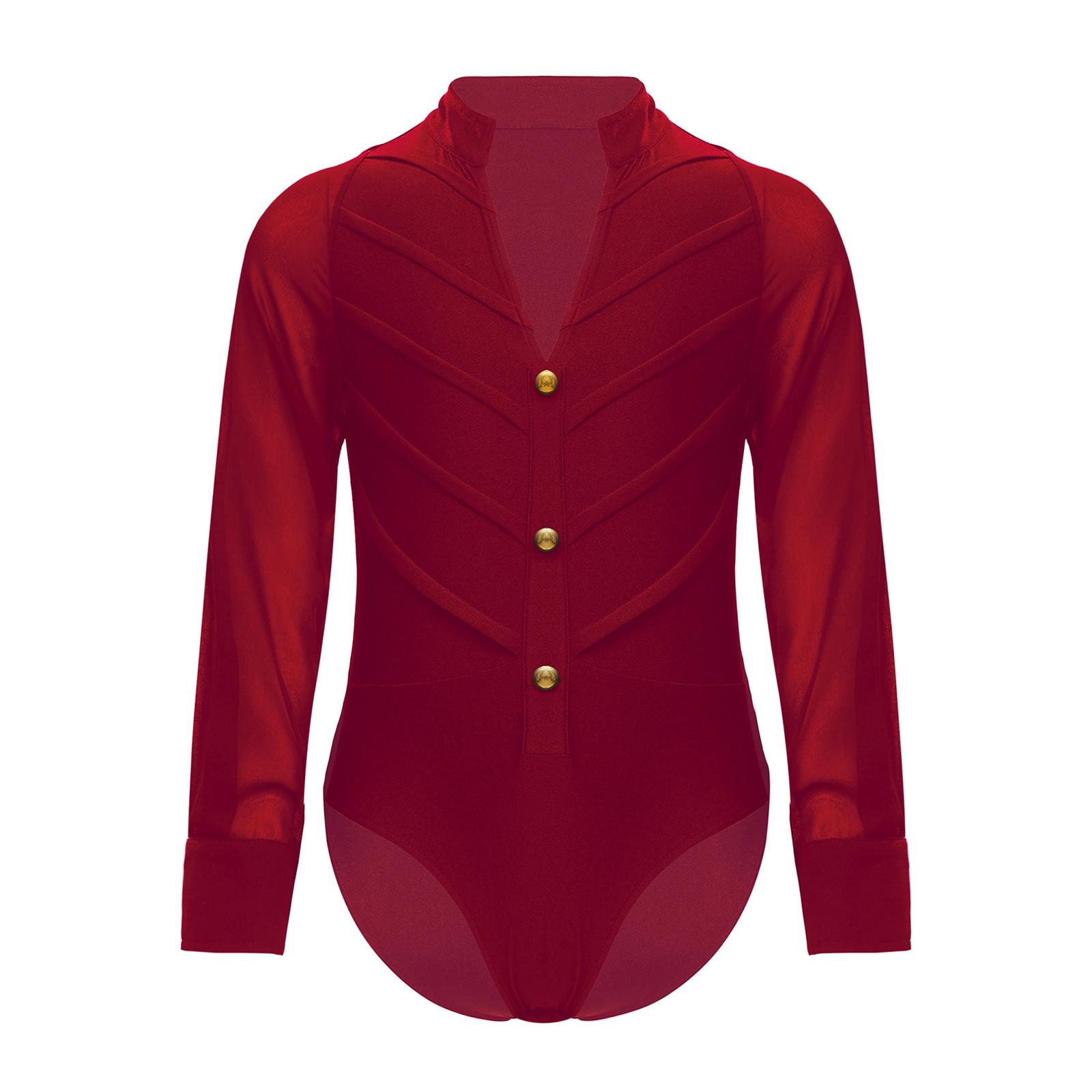 

Боді для латиноамериканських танців для хлопчиків, з довгим рукавом, стійкою та леотардом для бального вечора, змагань, сценічного виступу 13-14 Years бордовий