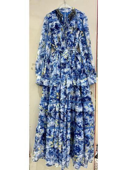 

Women s Summer Ruffle Sleeve Patchwork Retro Midi Dress with Tie Belt M синий