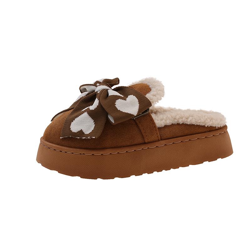 Fleece warm bow cotton slippers women's winter ins tide Korean version soft thick bottom cotton mop fashionable outer wear casual cotton mop