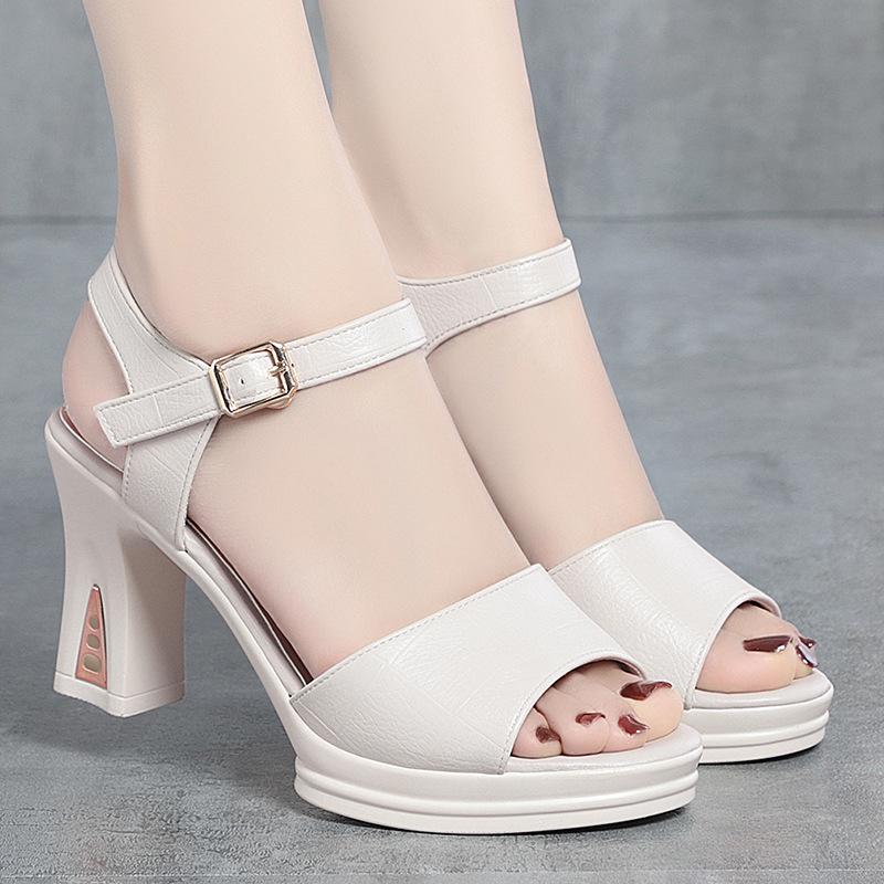 One Button Thick Heel Sandals Women Summer Soft Soled High Heels Middle Aged Mothers