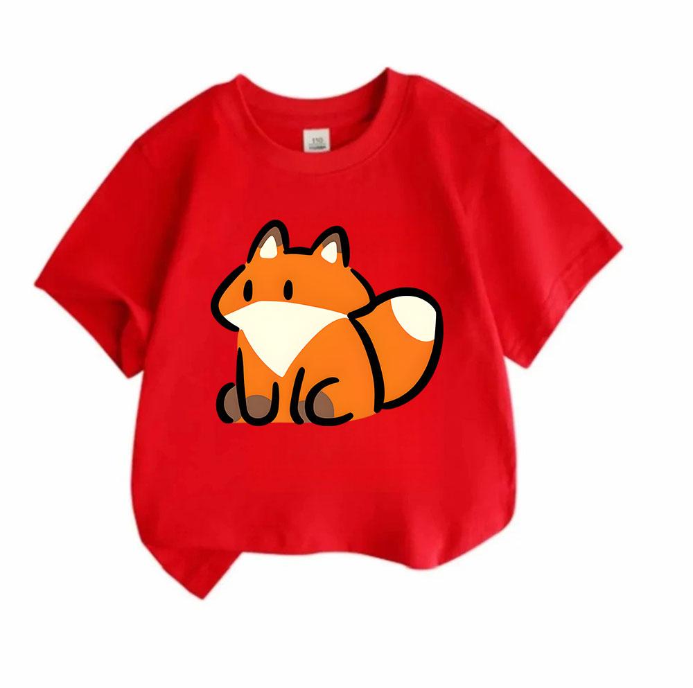 Cute Cartoon Fox Print Kids 100% Cotton Crew Neck Short Sleeve T-Shirt for Boys Girls Soft Breathable Casual Daily Wear Lightweight Summer Tees Tops f
