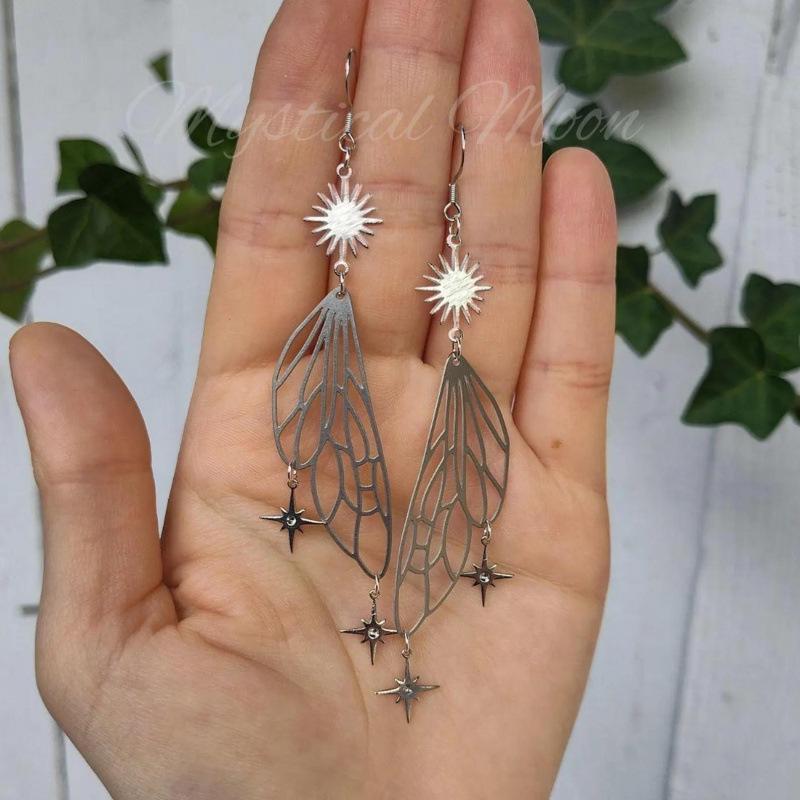 Cross-border Silver Earrings: Sun, Moon & Star Fairy Wings Design
