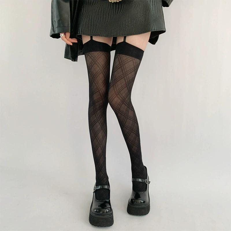 

1 Pair Women Sexy Black Checkered Pantyhose Fashionable Slim Fit Jk Spicy Girl Style Summer Lightweight Breathable Casual Sock One Size