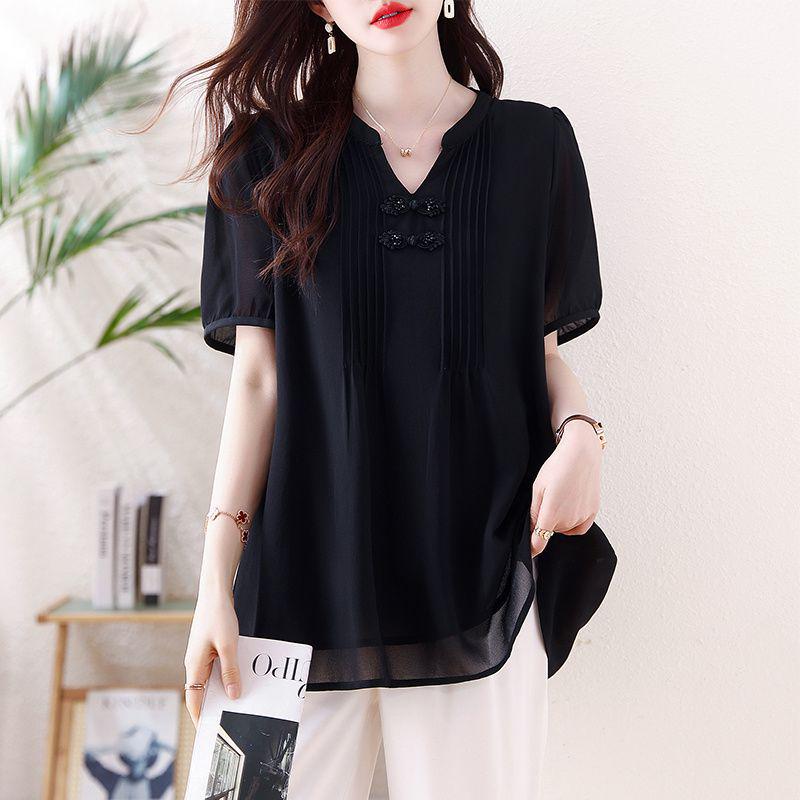 Elegant Plus Size V-Neck Chiffon Shirt - Slimming, Flaw-Hiding, Short-Sleeved, New Chinese Style, Age-Reducing Women's Top 2026