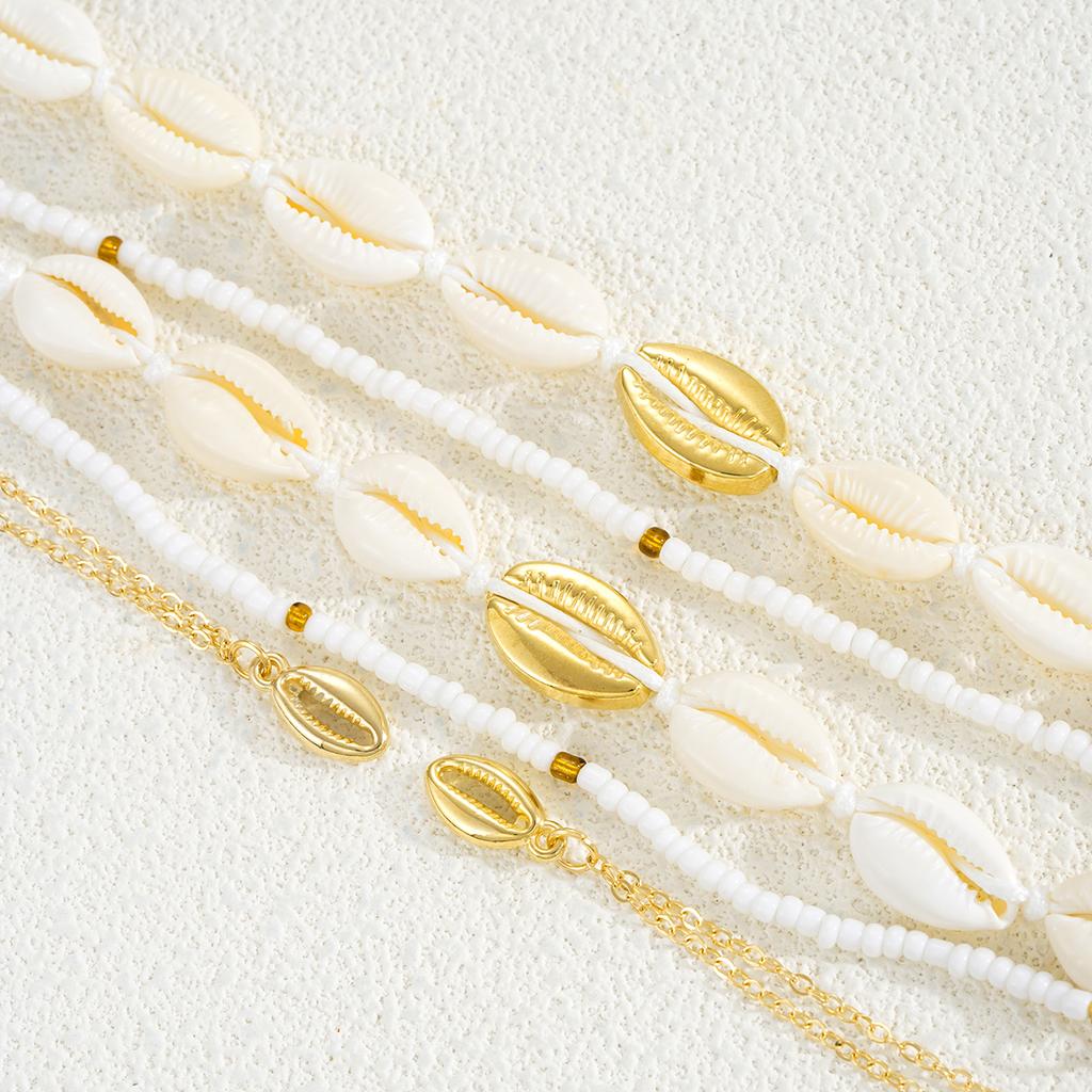 6Pcs/Set Seaside Shell Rice Beads Necklace Bracelets Set for Women Vintage Gold White Color Stacked Jewelry Set Beach Party Gift