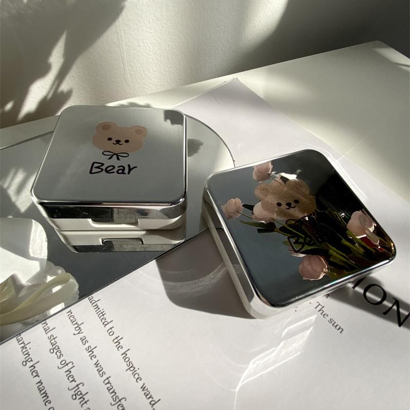 1Pc Silver Bear Contact Lens Case Cosmetic Case Portable Water Box Simple Contact Lens Companion Box Storage Box Accessories