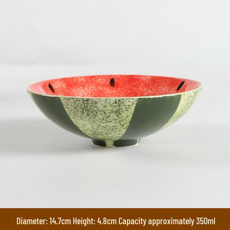 Hand-Painted Watermelon Design Large Ceramic Noodle Bowl with Underglaze Snails Pattern - Fresh, Deep & Stylish.