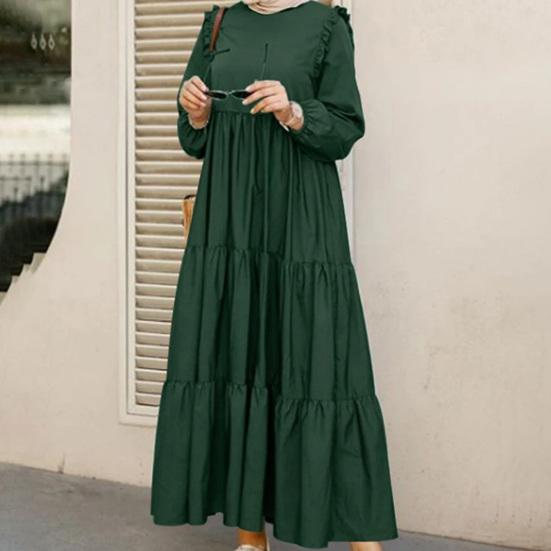 Loose Maxi Dress Large Hem Mid Waist Round Neck Long Sleeve Ruffle