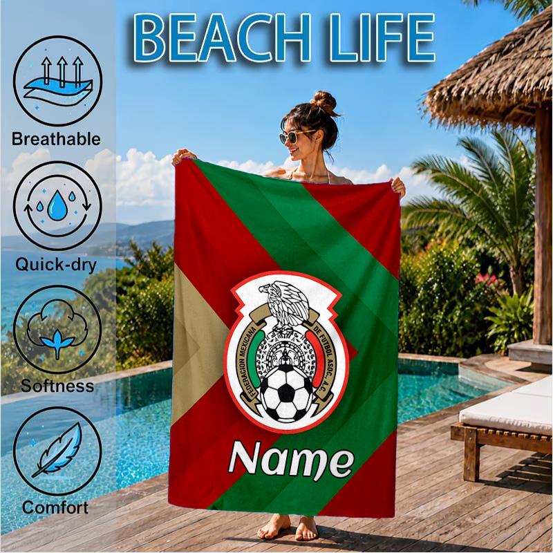 Custom Name Beach Towel Mexico Football Crest Microfiber Beach Towel, Lightweight for Summer Travel, Swimming Pool Fan Birthday Gift