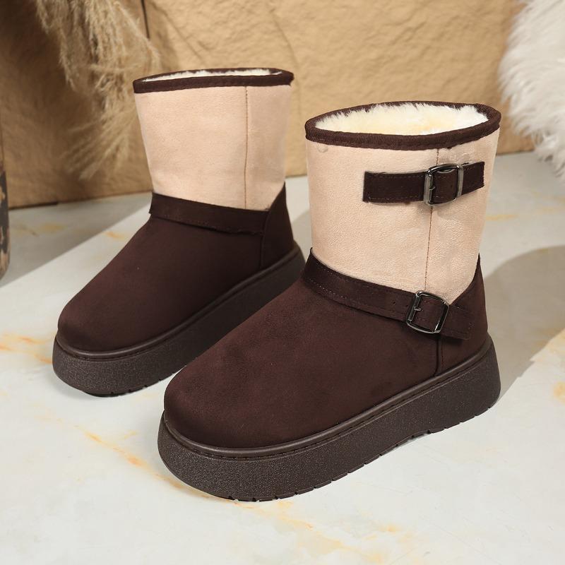 Fashion Multi-color Platform Snow Boots Winter New Round Toe Suede Sleeve Metal Buckle Non-slip Cotton Boots
