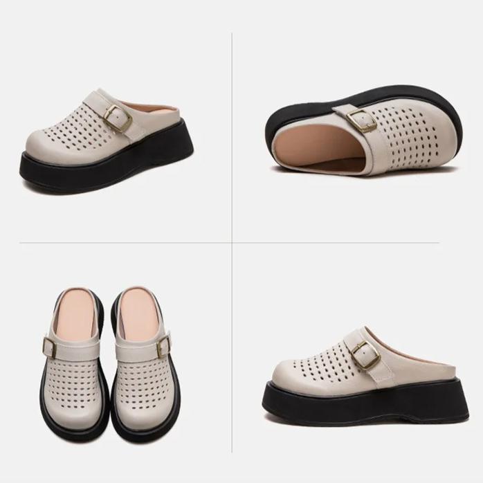 Johnature Sandales pour femmes, semelles épaisses, bout rond, ajourées, respirantes, en cuir véritable