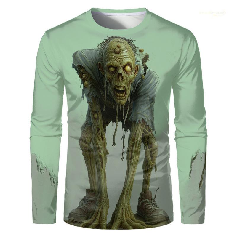 Horror Zombie Print Long Sleeve T-Shirt, Perfect for Halloween.