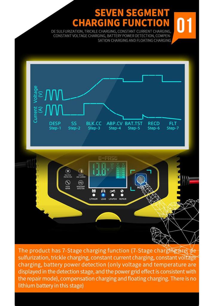 E-FAST Smart Charger for Lithium & Lead-Acid Batteries with Current & Voltage Display for Cars & Motorcycles