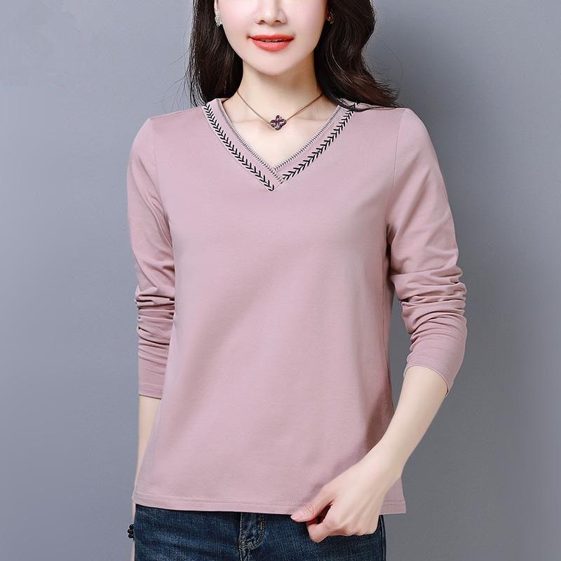 V-neck Long Sleeved T-shirt Women's Korean Version Loose Autumn and Winter Top Women's Versatile Solid Color Base Shirt Women
