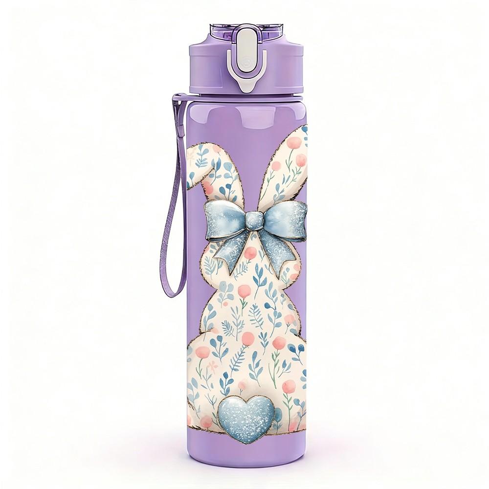1PC Rabbit Bow Vintage Retro Pattern 750ml Color Plastic Sports Water Bottle Leakproof Flip Straw Lid Suitable for Sports Office Home Use