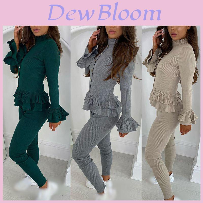 Stylish Women's Ladies Fine Ribbed Frill Peplum Button Loungewear Suit Tracksuit Set For Cozy Comfort