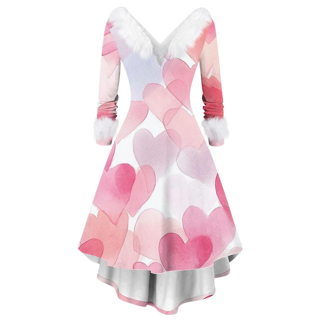 Damen stilvolles und elegantes langärmeliges V-Ausschnitt Kleid mit Valentinstags-Herzprint