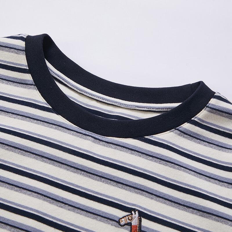 Xiangying Women's Striped Embroidered Round Neck T-Shirt