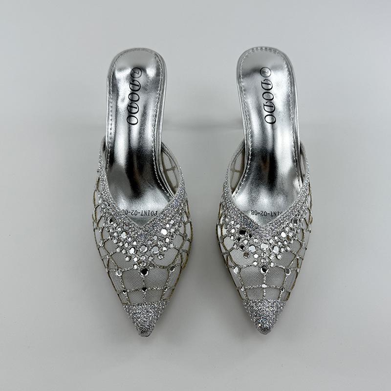 Women's Rhinestone Cap-Toe Stiletto Mules - Summer 2025 Cut-Out Mesh Backless Slippers